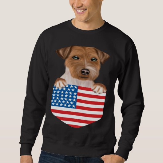America Flag Russell Terrier Dog In Pocket スウェットシャツ (正面)