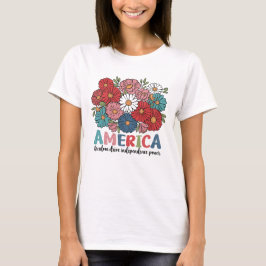 America Floral Patriotic Retro Flower Design Tシャツ