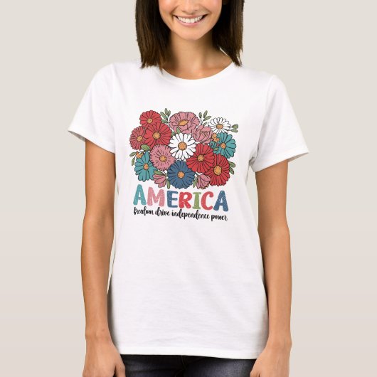 America Floral Patriotic Retro Flower Design Tシャツ (正面)