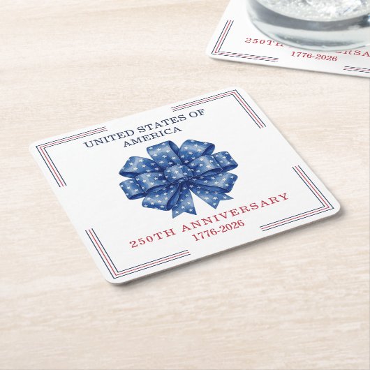 America’s 250th Birthday Watercolor Bow Elegant スクエアペーパーコースター (アングル)