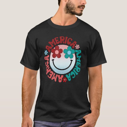 America Vibes Happy Face Smile Flower American 4th Tシャツ (正面)