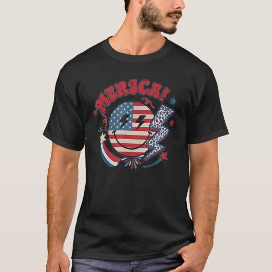America Vibes Happy Face Smile Flower American 4th Tシャツ (正面)