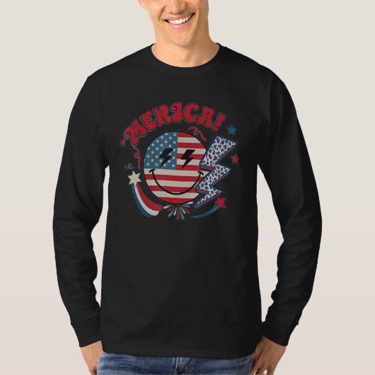 America Vibes Happy Face Smile Flower American 4th Tシャツ (正面)