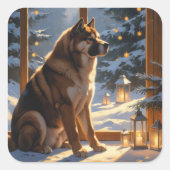 American Akita With Christmas Lights Holiday スクエアシール (正面)