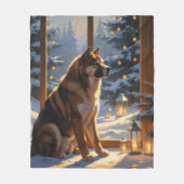 American Akita With Christmas Lights Holiday フリースブランケット (正面)