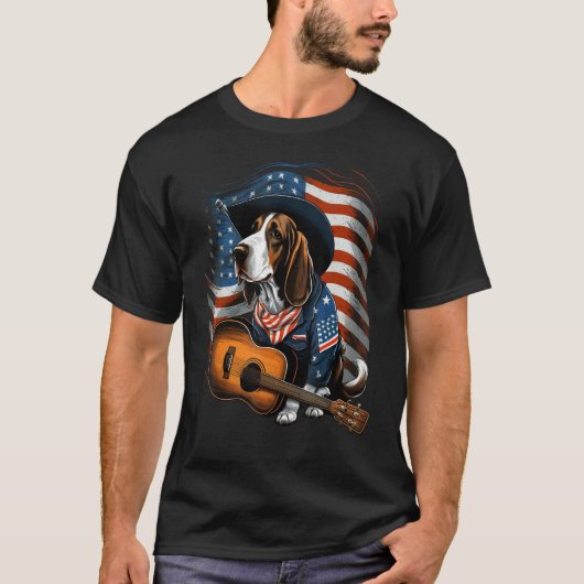 American Basset Hound Guitar USA County Music Tシャツ (正面)
