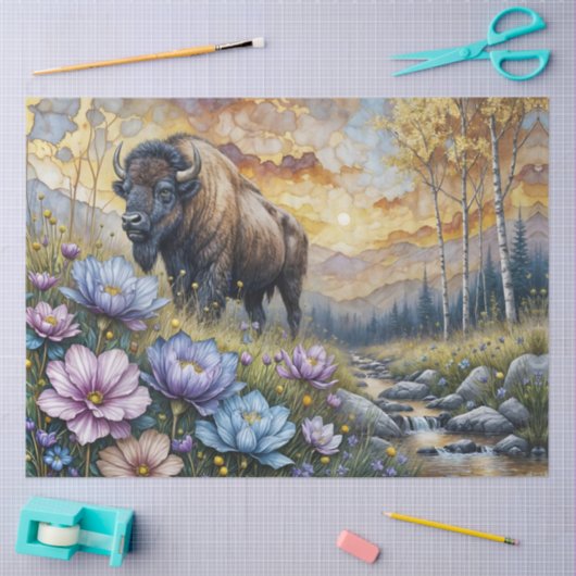 American Bison in floral mountain valley 薄葉紙 (クラフト)