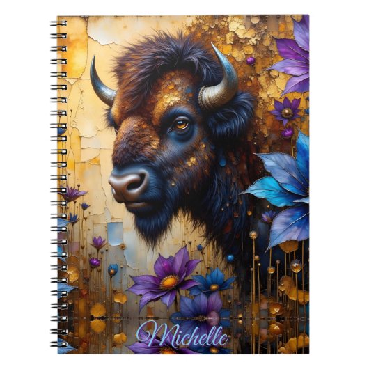 American Bison in textured Flower *Personalize* ノートブック (正面)