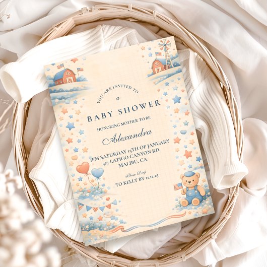 American Boy Red White Blue Baby Shower 招待状