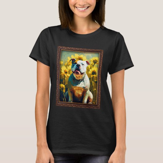 American Bulldog Painting Sunflower Flower Mom Wom Tシャツ (正面)