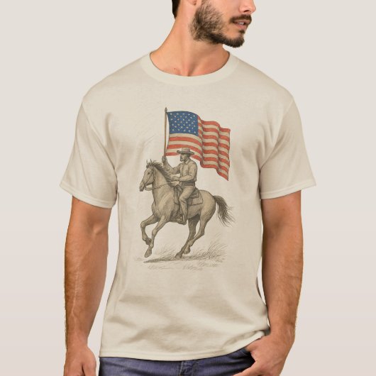 American Cowboy Riding with Flag Tシャツ (正面)