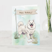 American Eskimo Breed Dog Under Birthday Sign カード (正面)