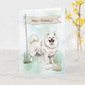 American Eskimo Breed Dog Under Birthday Sign カード (黄色い花)