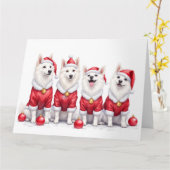 American Eskimo Dog Christmas Dress Santa Hat カード (黄色い花)