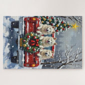 American Eskimo Dog Christmas Red Truck Holiday ジグソーパズル (横)