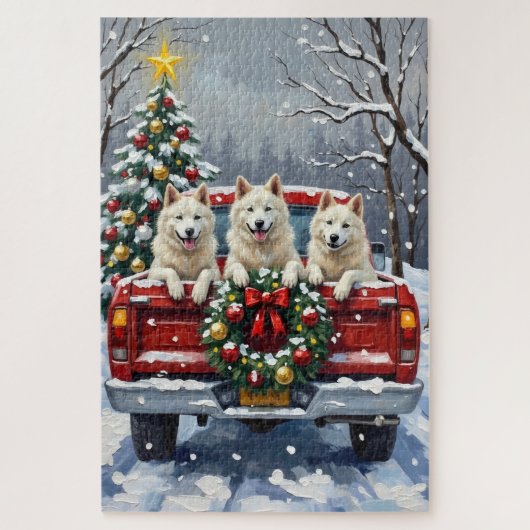 American Eskimo Dog Christmas Red Truck Holiday ジグソーパズル (縦)