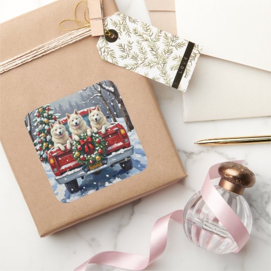 American Eskimo Dog Christmas Red Truck Holiday スクエアシール (ギフト)