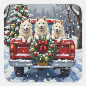American Eskimo Dog Christmas Red Truck Holiday スクエアシール (正面)
