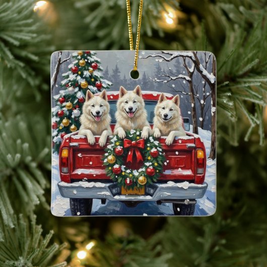American Eskimo Dog Christmas Red Truck Holiday セラミックオーナメント (ツリー)