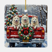 American Eskimo Dog Christmas Red Truck Holiday セラミックオーナメント (裏面)