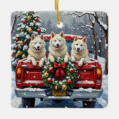 American Eskimo Dog Christmas Red Truck Holiday セラミックオーナメント (正面)