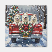 American Eskimo Dog Christmas Red Truck Holiday マグネット (正面)