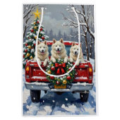American Eskimo Dog Christmas Red Truck Holiday ミディアムペーパーバッグ (正面)