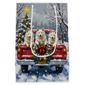 American Eskimo Dog Christmas Red Truck Holiday ミディアムペーパーバッグ (裏面)