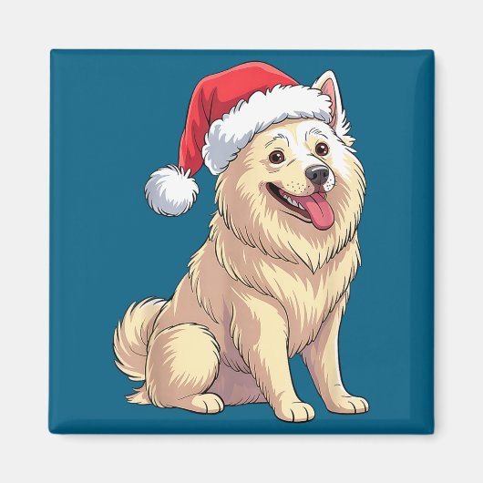 American Eskimo Dog Christmas Santa Hat Pet Dog Lo マグネット (正面)