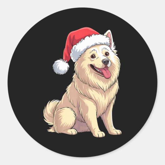 American Eskimo Dog Christmas Santa Hat Pet Dog Lo ラウンドシール (正面)