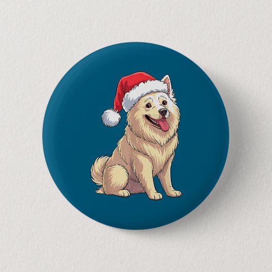 American Eskimo Dog Christmas Santa Hat Pet Dog Lo 缶バッジ (正面)