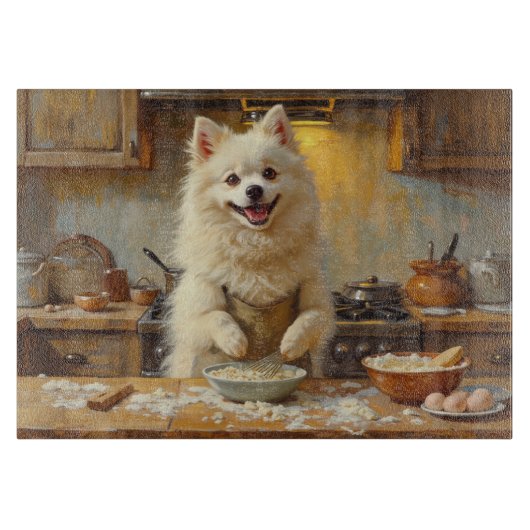 American Eskimo Dog Cooking in Kitchen カッティングボード (正面)