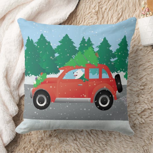 American Eskimo Dog Driving a Car - Tree on Top クッション (ブランケット)