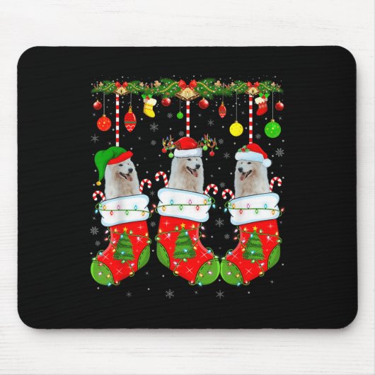 American Eskimo Dog In Christmas Socks Funny Dog L マウスパッド (正面)