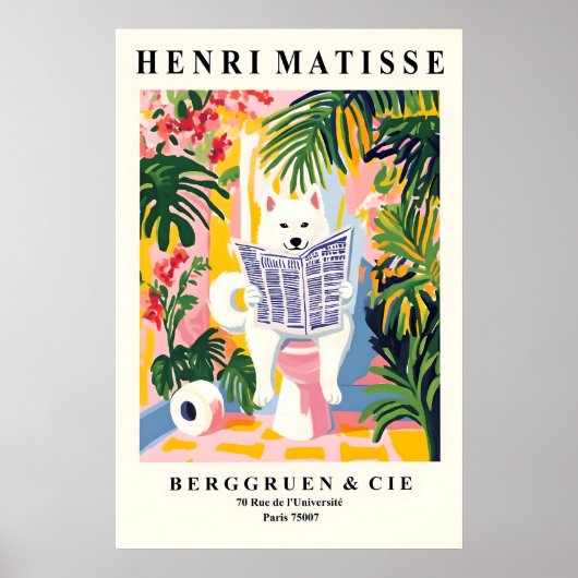 American Eskimo Dog on Toilet Funny Bathroom Print ポスター (正面)