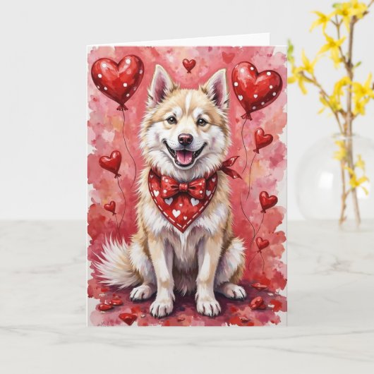 American Eskimo Dog Valentine’s Day with Hearts カード (黄色い花)