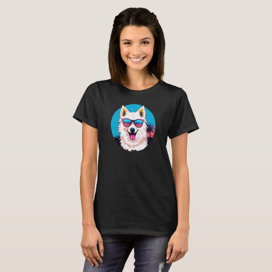 American Eskimo Dog Wearing Sunglasses Retro Tシャツ (正面フル)