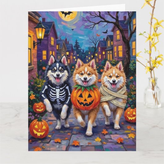 American Eskimo Dogs Trick-or-Treating Halloween カード (黄色い花)