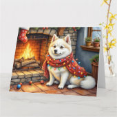 American Eskimo Fireplace with Christmas Lights カード (黄色い花)