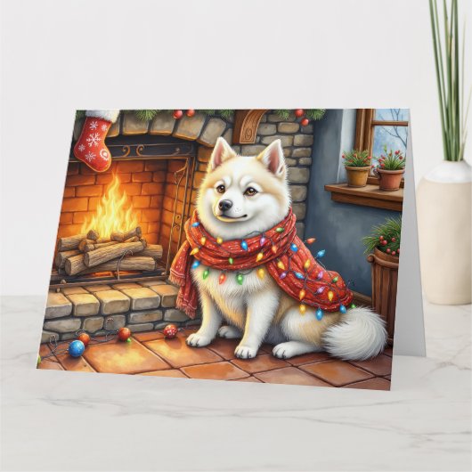 American Eskimo Fireplace with Christmas Lights カード (正面)