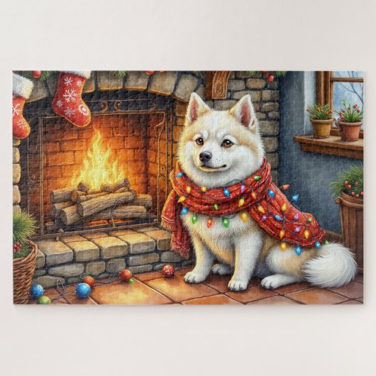 American Eskimo Fireplace with Christmas Lights ジグソーパズル (横)