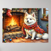 American Eskimo Fireplace with Christmas Lights ポスター (正面)