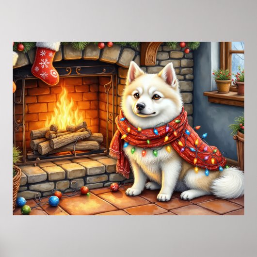 American Eskimo Fireplace with Christmas Lights ポスター (正面)