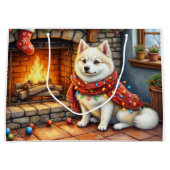 American Eskimo Fireplace with Christmas Lights ラージペーパーバッグ (正面)