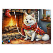 American Eskimo Fireplace with Christmas Lights ラージペーパーバッグ (裏面)