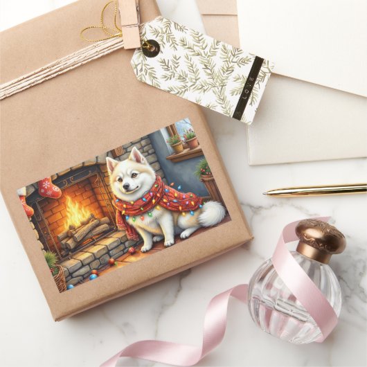 American Eskimo Fireplace with Christmas Lights 長方形シール (ギフト)