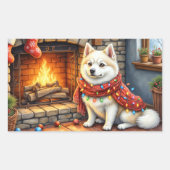 American Eskimo Fireplace with Christmas Lights 長方形シール (正面)
