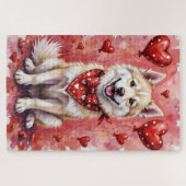 American Eskimo Valentine Dog Art with Hearts ジグソーパズル (横)