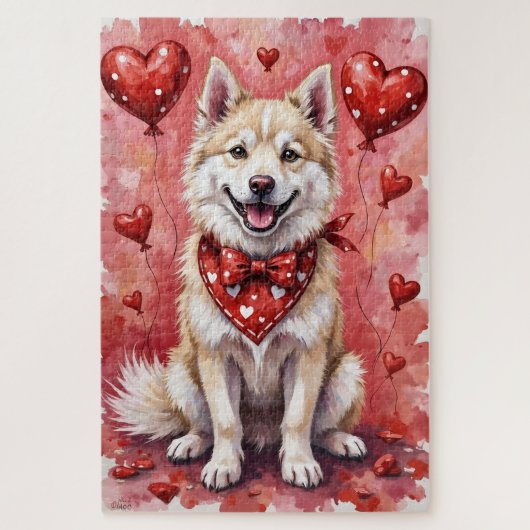 American Eskimo Valentine Dog Art with Hearts ジグソーパズル (縦)