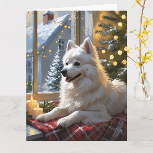 American Eskimo With Christmas Lights Holiday カード (黄色い花)